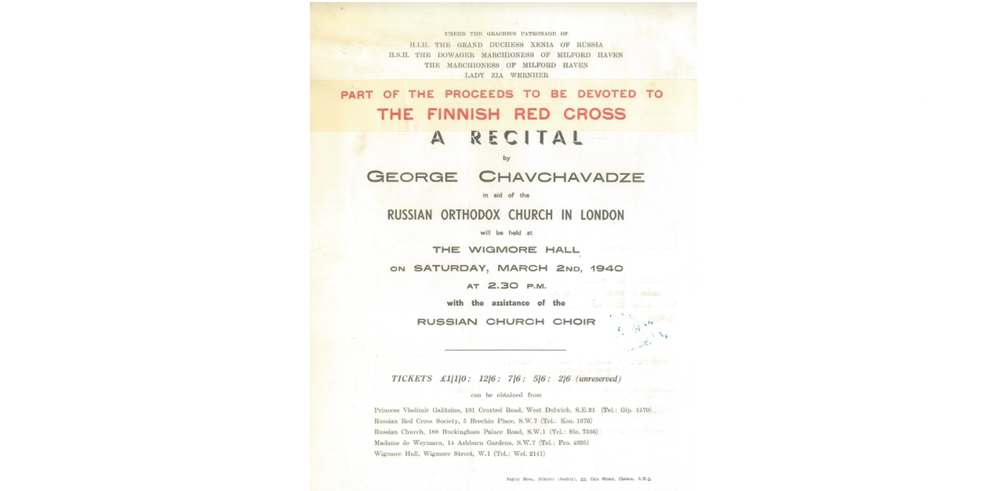 A flyer announcing a recital by George Chavchavadze at Wigmore Hall, London, on 2nd March 1940; text in red says proceeds of the concert go to the Finnish Red Cross.